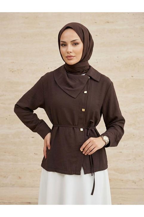 Çapraz Düğmeli Tunik-Kahve