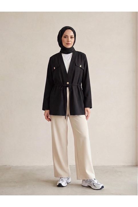 Çift Kapak Tünel Detay Ceket-Siyah