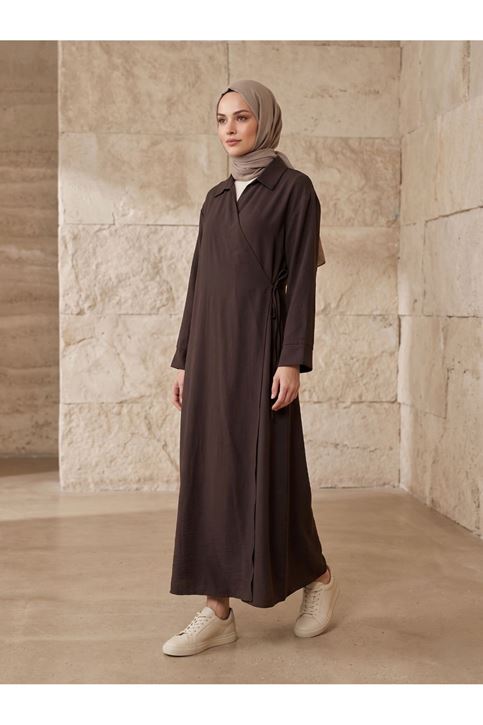 Yakalı Yandan Bağlamalı Uzun Ceket-Kahve