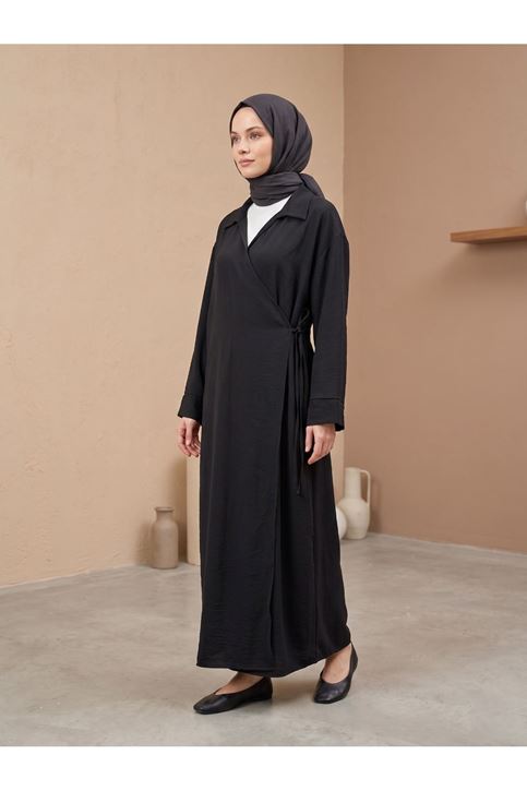 Yakalı Yandan Bağlamalı Uzun Ceket-Siyah