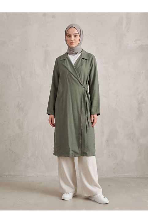 Yakalı Yandan Bağlamalı Kısa Ceket-Haki