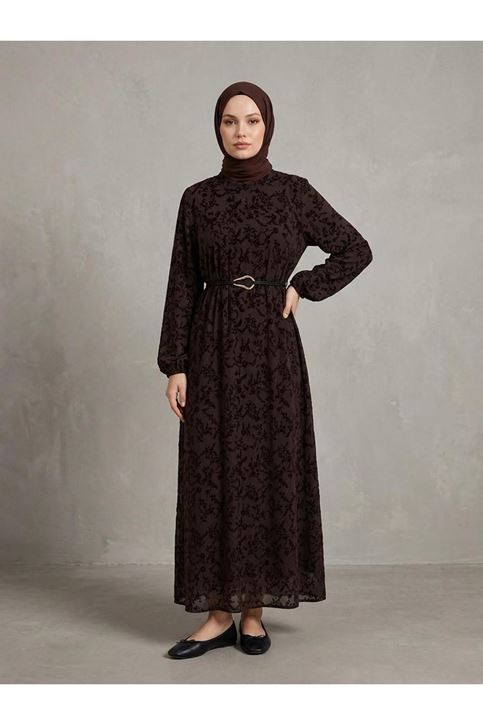 Flok Baskılı Tül Elbise-Kahve