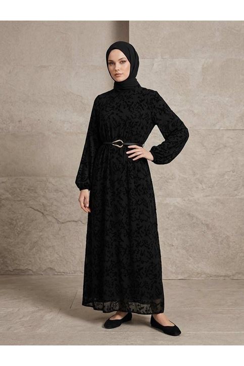 Flok Baskılı Tül Elbise-Siyah