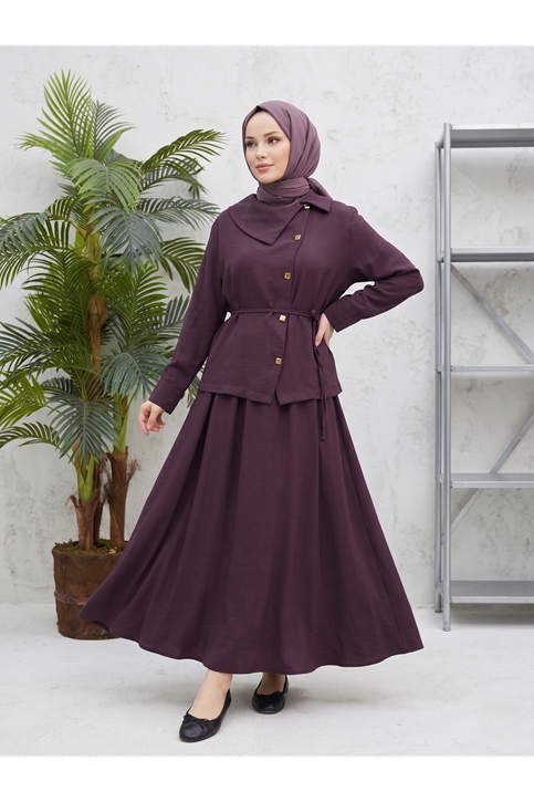 Çapraz Düğmeli Etekli Takım-Bordo