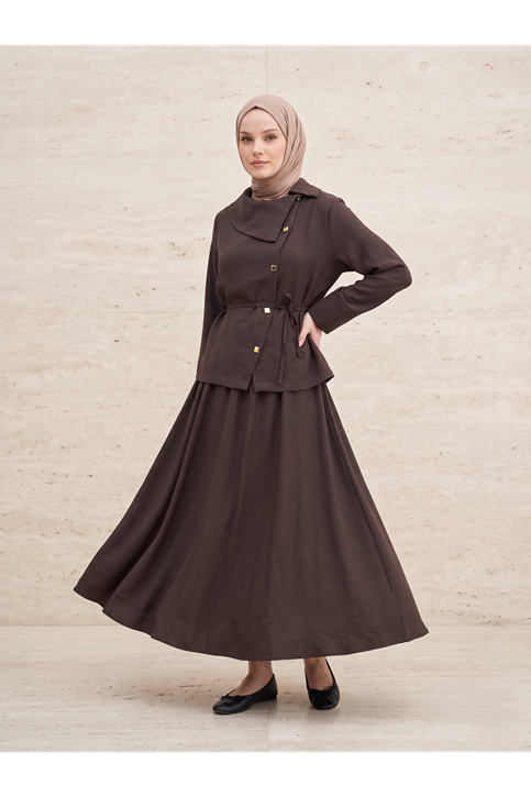 Çapraz Düğmeli Etekli Takım-Kahve