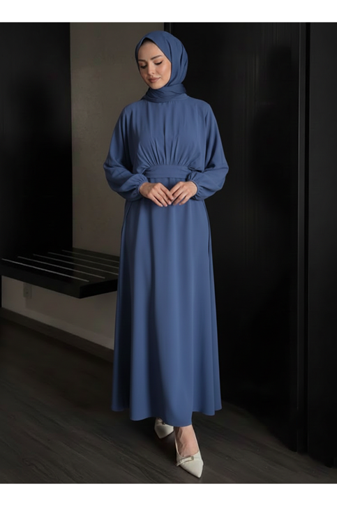 Bağlamalı İkili Elbise-İndigo