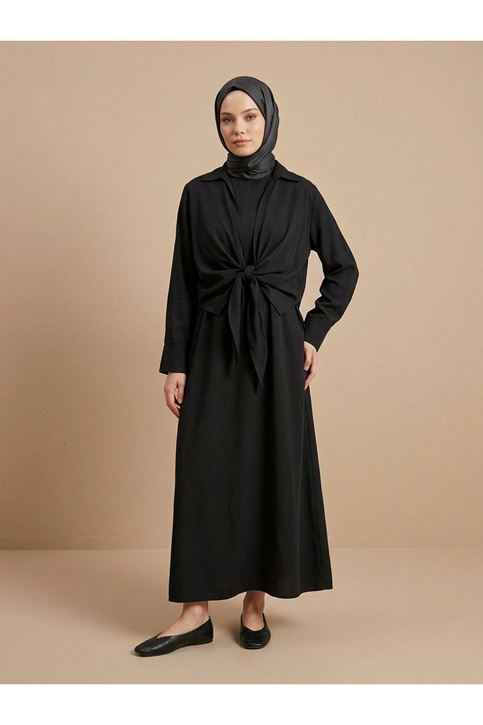 Yakalı Ön Bağlamalı İkili Elbise-Siyah