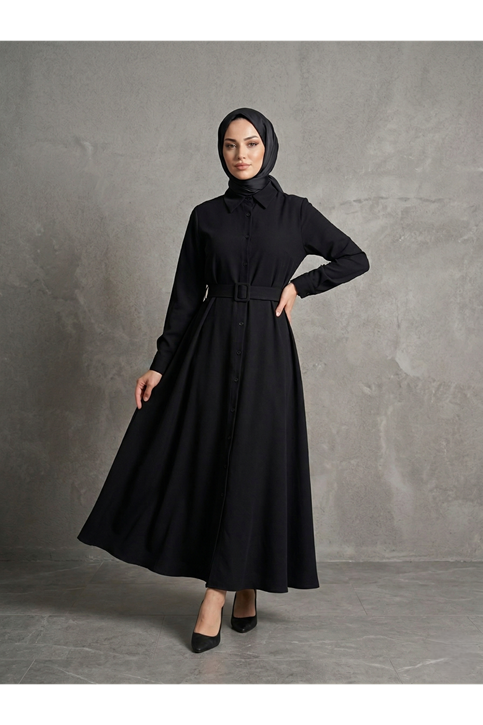 Kaplama Kemer Detay Elbise-Siyah