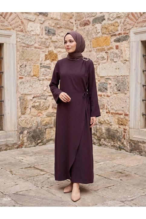 Omuz Pİle Toka DetayTensel  Elbise-Bordo