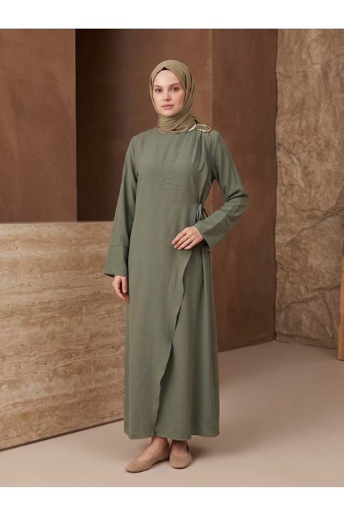 Omuz Pİle Toka DetayTensel  Elbise-Haki
