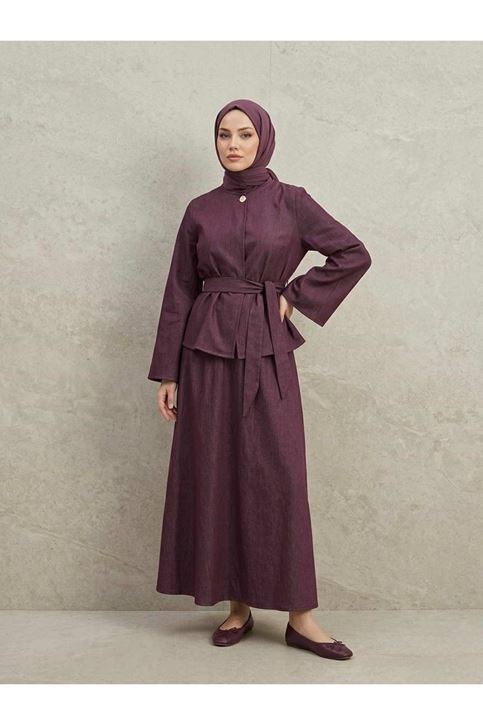 Kuşaklı Tek Düğme Etekli Takım-Bordo