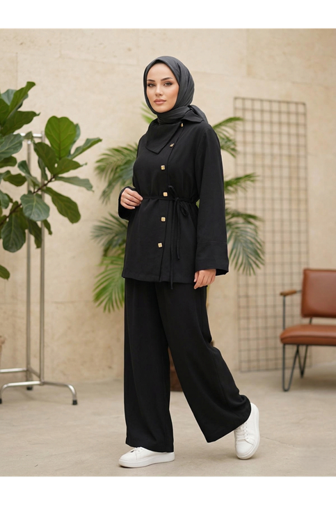 Çapraz Düğmeli Pantolonlu Takım-Siyah