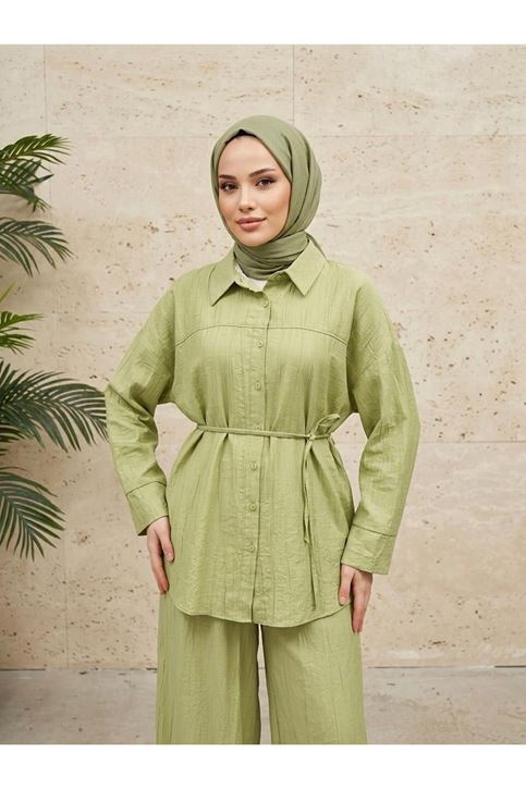 Ön Roba Detay Pantolonlu Takım-YAĞ YEŞİLİ