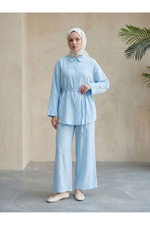 Ön Roba Detay Pantolonlu Takım-Bebe Mavisi