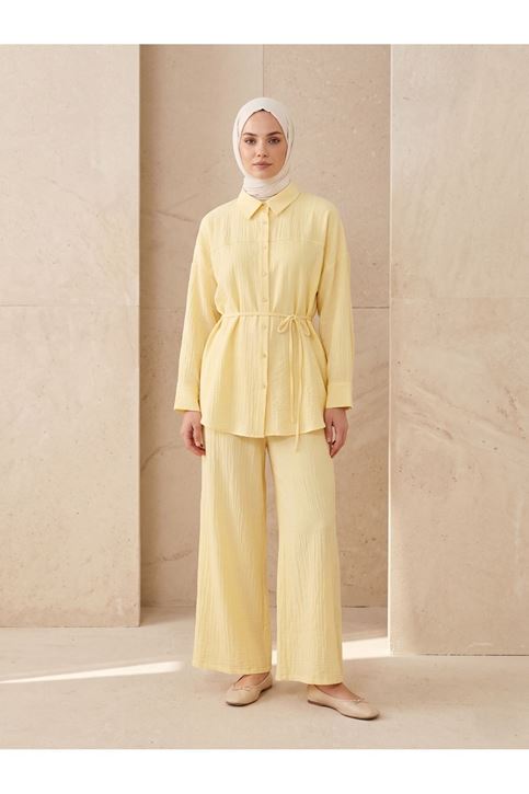 Ön Roba Detay Pantolonlu Takım-Sarı
