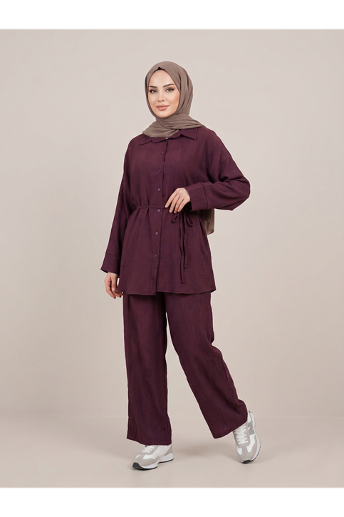 Takma Manşet Pantolonlu Takım-Bordo