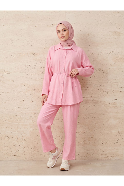 Takma Manşet Pantolonlu Takım-Pembe