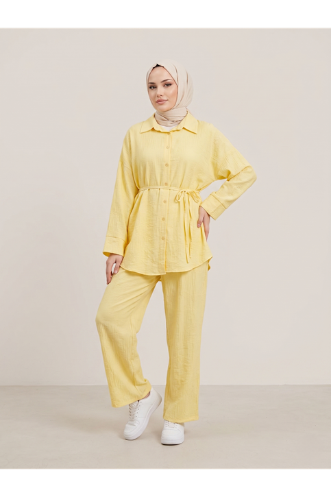 Takma Manşet Pantolonlu Takım-Sarı