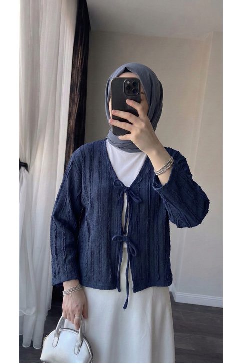 Pileli Ön İki Bağlamalı Tunik-Lacivert