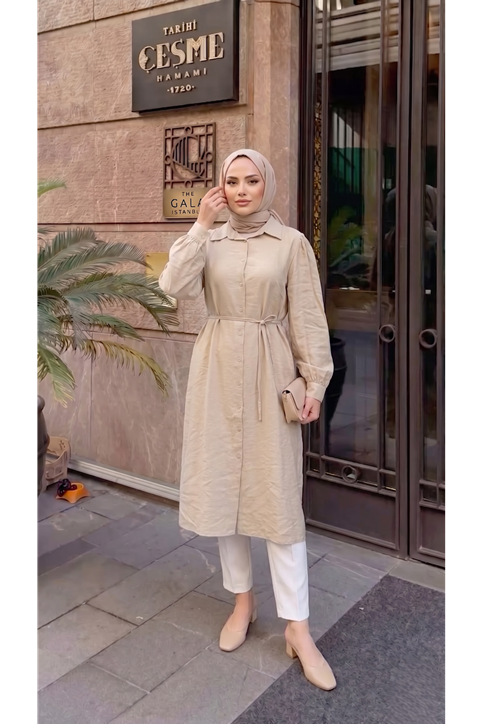 Yakalı Uzun Kupra Tunik-Taş