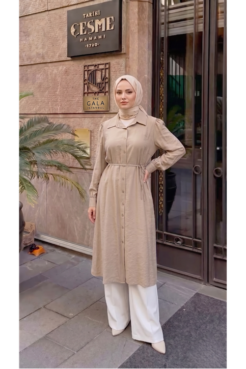 Yakalı Uzun Kupra Tunik-Vizon