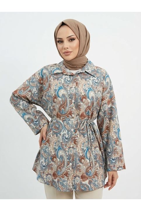 Geniş Manşet Baskılı Tunik-Color