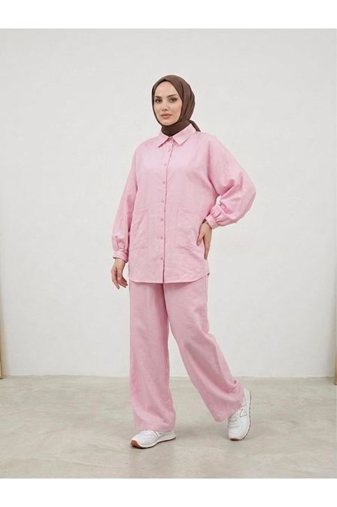 Cep Detay Kol Büzgülü Pantolonlu Takım-Pembe