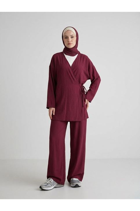 Yan Bağlamalı Çilek Takım-Bordo