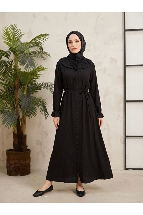 Yaka Tünelli Elbise-Siyah