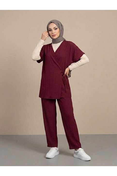 Yan Bağlamalı Yelekli Takım-Bordo
