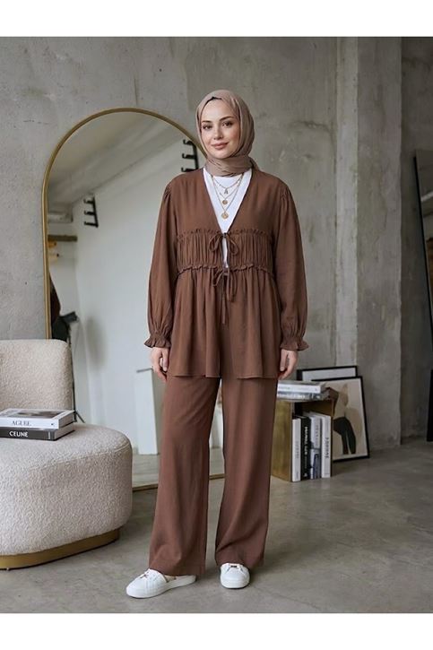 Büzgülü Bağlamalı Pantolonlu Takım-Kahve