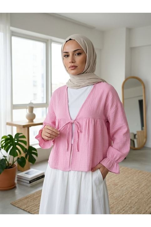 Önü Bağlamalı Kısa Kimono-Pembe