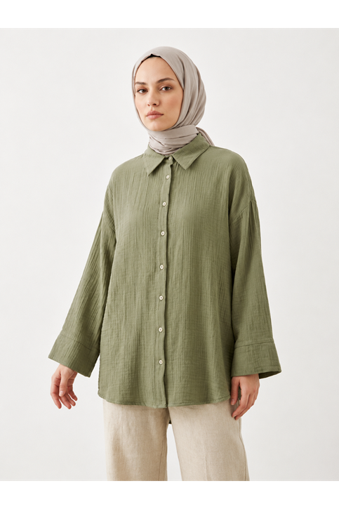 Duble Kol Müslin Gömlek-Haki