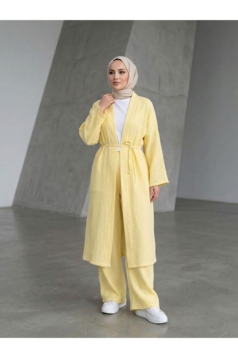Uzun Hırka Pantolonlu Takım-Sarı