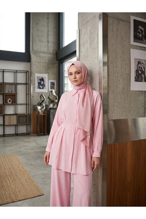 Ön Arka Pileli Pantolonlu Takım-Pembe