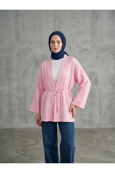 Yaka Bantlı Müslin Hırka-Pembe