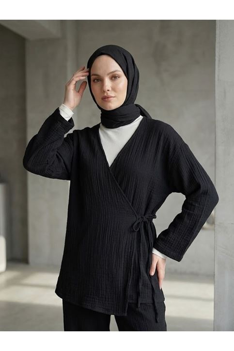 Yan Bağlamalı Müslin Takım-Siyah