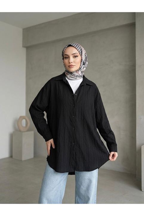 Kendinden Çizgili Tunik-Siyah