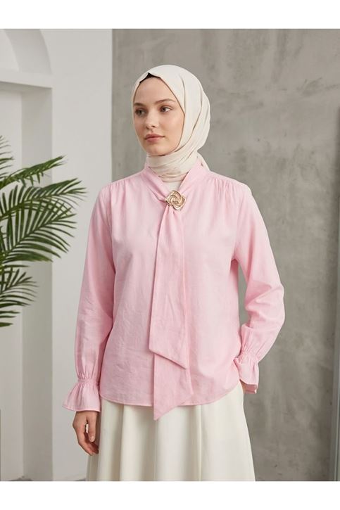 Yaka Kuşak Aksesuar Detay Tunik-Pembe
