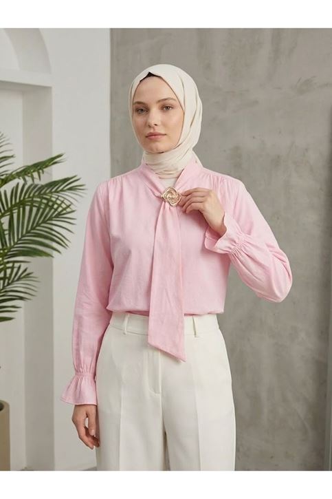 Yaka Kuşak Aksesuar Detay Tunik-Pembe
