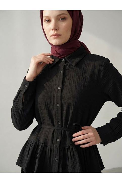 Büzgülü Etekli Müslin Takım-Siyah
