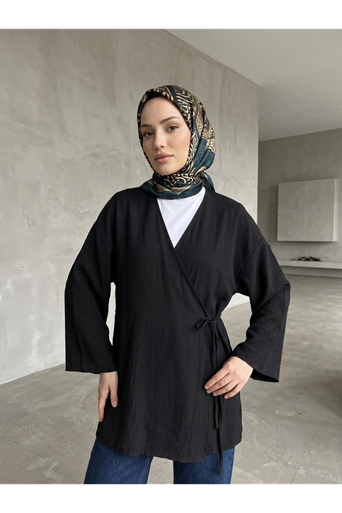 Yan Bağlamalı Çilek Tunik-Siyah