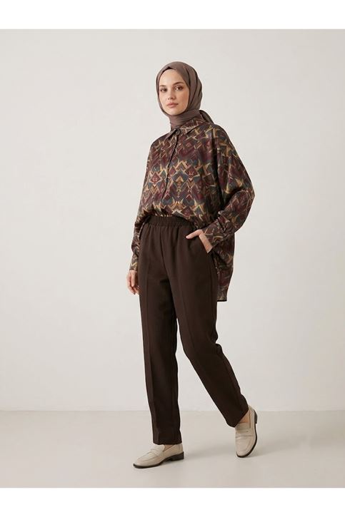 Bel Lastik Düz Paça Pantolon-Kahve