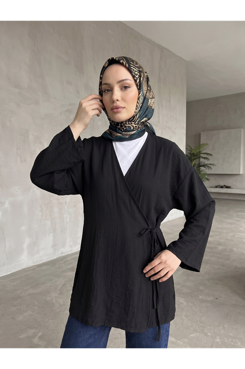 Yan Bağlamalı Çilek Tunik-Siyah