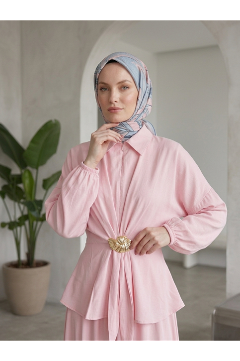 Ön Bağlamalı Aksesuar Detay Etekli Takım-Pembe