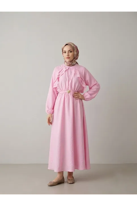 Fırfır Detay Elbise-Pembe