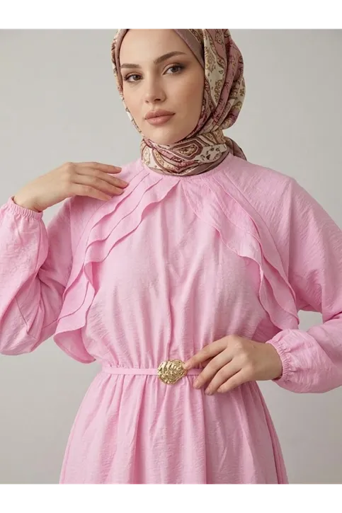 Fırfır Detay Elbise-Pembe