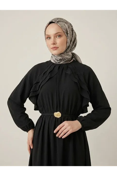 Fırfır Detay Elbise-Siyah