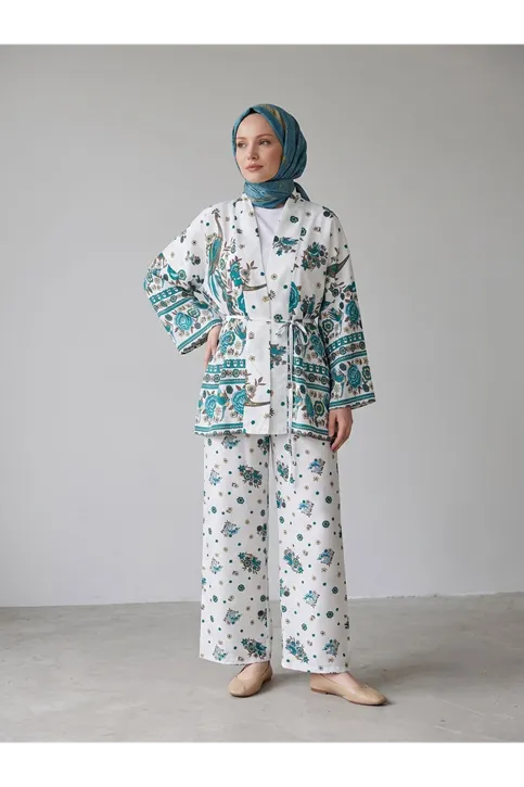 Desenli Viskon Kimono Takım-Color