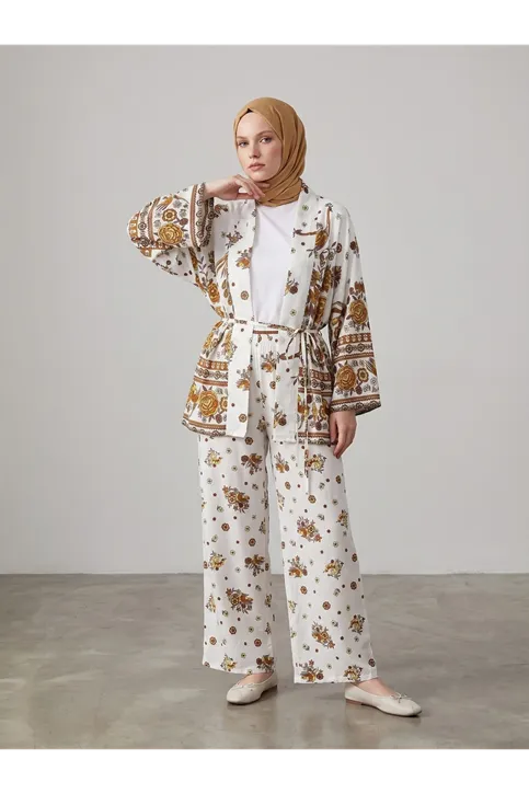 Desenli Viskon Kimono Takım-Koyu Kahve